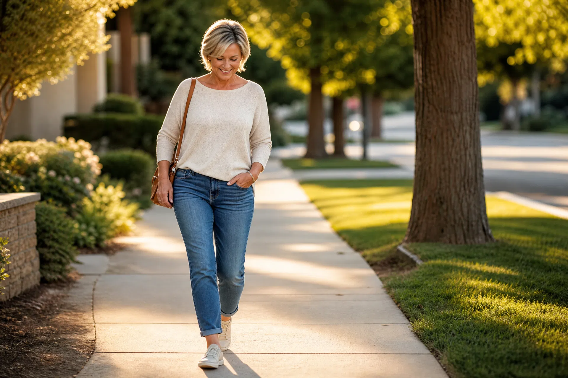 Active woman enjoying a comfortable walk on a tree-lined park path in athletic footwear